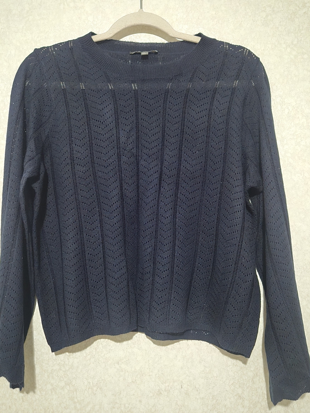 Adrianna Papell Navy Pointelle Crew Neck Sweater-Size:L